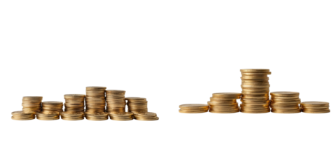 Stacks of shiny gold coins arranged in two groups on a transparent background highlighting concepts of investments saving and financial planning related to major purchases