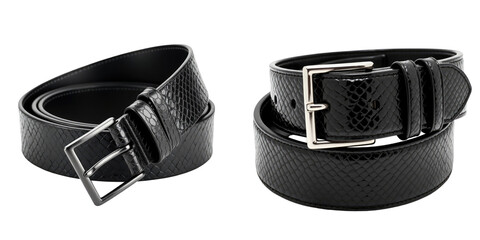 Luxury transparent snakeskin python belts displayed on a transparent background featuring stylish silver buckles and detailed texture of the leather finish.