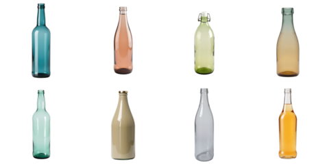 Collection of colored glass bottles in various shapes and sizes isolated on transparent background showcasing diverse colors and transparency levels