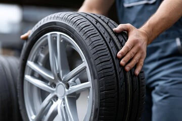 Mechanic handling car tire for replacement in garage setting