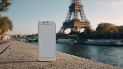 blank screen smartphone against Paris and tower, for booking, advertising, copy space, mock up
