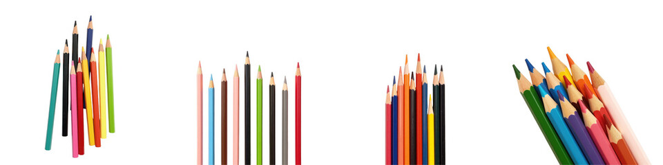 Color pencils arranged in groups on a transparent background highlighting various colors and lengths suitable for artistic use with a clean isolated look