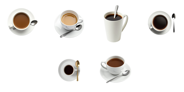 Assortment of coffee cups in various styles with spoons arranged on a transparent background for product display and culinary design applications