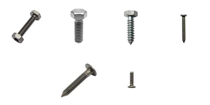 Collection of various metal screws and bolts isolated on transparent background showcasing different shapes and sizes perfect for hardware and engineering applications