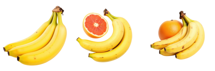Bunch of ripe yellow bananas alongside half a grapefruit and an orange, all displayed on a transparent background for clear visibility of the fruits.