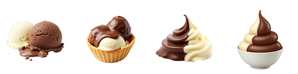 four varieties of chocolate and vanilla ice cream desserts arranged in a row featuring scoops in bowls and cones isolated on a transparent background