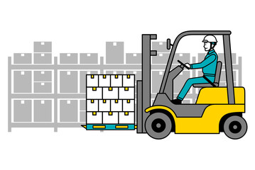 倉庫内でフォークリフトで荷物を運ぶ作業員の男性 © pawz