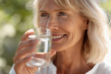 Mature caucasian woman enjoying fresh water outdoors in sunlight