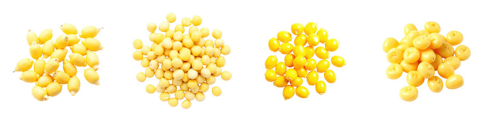 Fototapeta premium Assorted fresh corn seeds in various pile formations isolated on transparent background showcasing different sizes and colors of the seeds