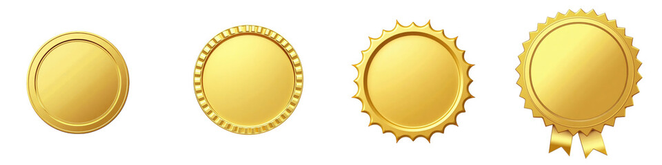 Assortment of gold medals with different designs isolated on transparent background with transparent backdrop showcasing various medal styles and textures