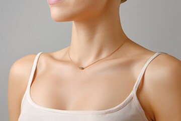 A Close-Up View of a Keloid Scar Located on the Chest, Beautifully Complemented by a Delicate Necklace, is Prominently Displayed Against a Soft, Neutral Background