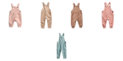 Colorful children's velveteen overalls collection displayed on a transparent background featuring pink, beige, and blue variations with adjustable straps and button details