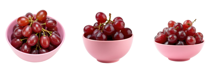 Red grapes arranged in three pink bowls on a transparent background displaying different quantities and angles of the grapes for visual variety and context.