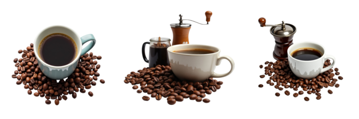 Assorted coffee cups filled with transparent coffee surrounded by roasted coffee beans, featuring a coffee grinder and a Turkish coffee pot, isolated on transparent background.