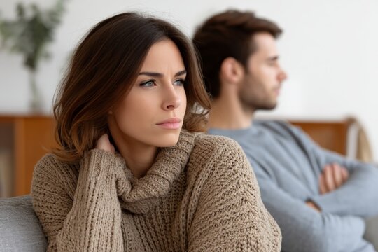 Pensive caucasian couple in conflict at home