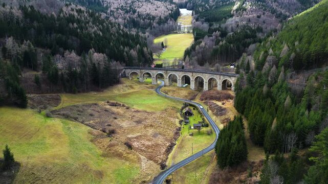 Drone footage of Adlitzgraben viaduct, Semmering Railway, Austria. 