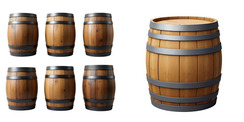 assorted oak barrels in gray and brown featuring various volumes for aging tequila or scotch, fully isolated on a transparent background