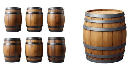 assorted oak barrels in gray and brown featuring various volumes for aging tequila or scotch, fully isolated on a transparent background