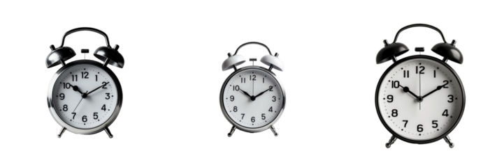 Classic vintage alarm clocks with transparent metal frames and white dials, arranged in a row on a transparent background showcasing different times with clear, readable numbers and pendulum detail.