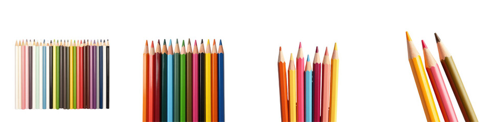 Color pencils arranged in groups isolated on transparent background displaying various colors and lengths suitable for art and design projects