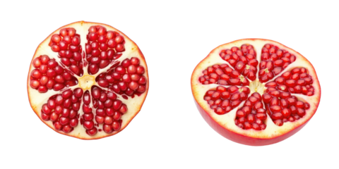 Sliced Pomegranates with vibrant red seeds on transparent background showcasing two halves isolated with fine detail and clarity highlighting inner structure and texture