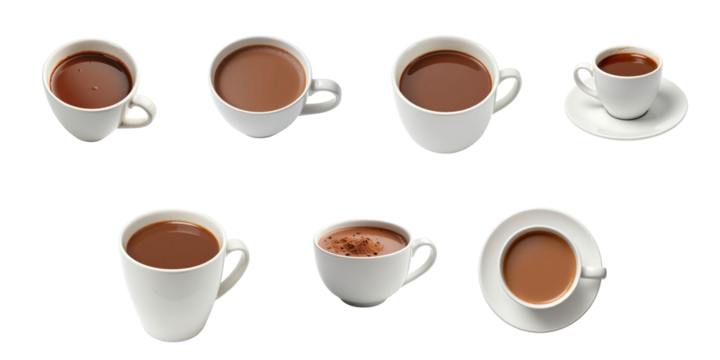 Collection of hot cocoa drinks in different white cups isolated on transparent background showcasing multiple angles and serving styles