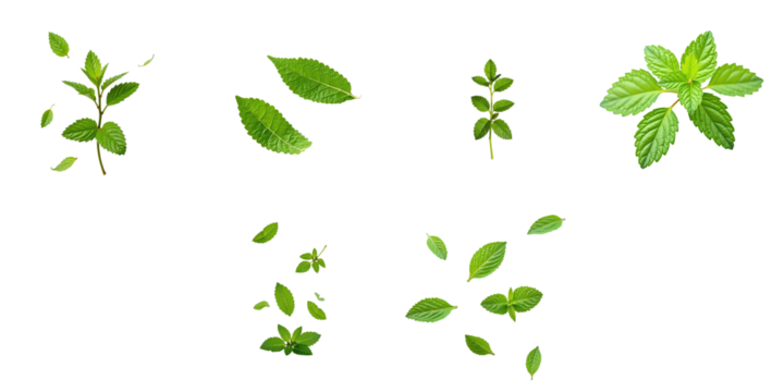 Falling fresh mint leaves isolated on transparent background featuring various shapes and sizes of spearmint foliage including full sprigs and individual leaves.