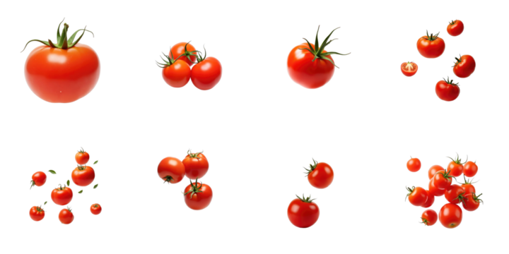 various fresh red tomatoes in motion isolated on transparent background featuring different clusters and arrangements with clipping path for seamless integration in designs