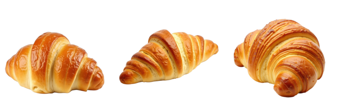 Freshly baked golden brown croissants arranged in a row against a transparent background displaying flaky layers and curved shapes in various sizes and perspectives.