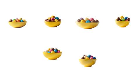 colorful chocolates arranged in yellow bowls isolated on a transparent background showing various sizes and configurations of bowls filled with assorted candies
