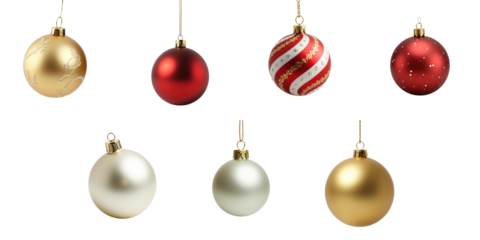 Collection of various Christmas ornaments including gold, red, and white baubles in different designs suspended against a transparent background for decoration purposes