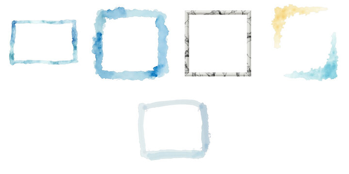 various watercolor frames collection isolated on transparent background including blue and transparent designs with irregular edges for artistic use