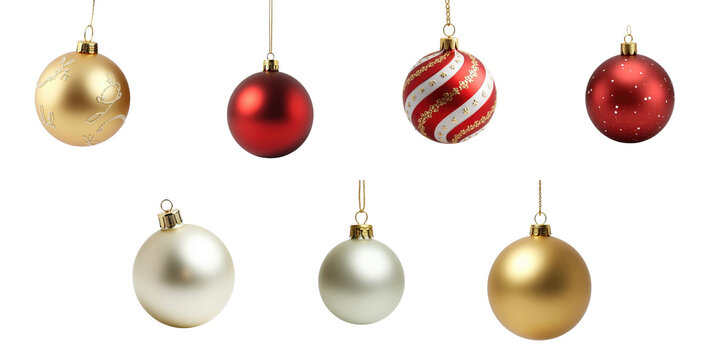 Collection of various Christmas ornaments including gold, red, and white baubles in different designs suspended against a transparent background for decoration purposes