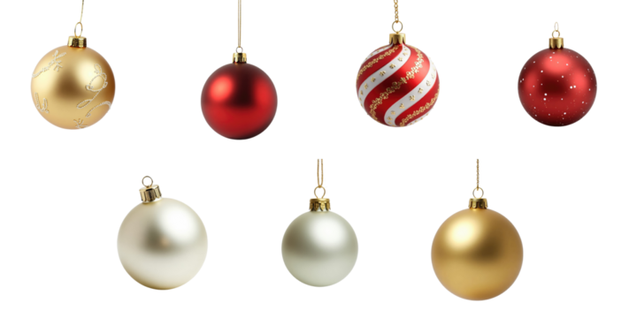 Collection of various Christmas ornaments including gold, red, and white baubles in different designs suspended against a transparent background for decoration purposes