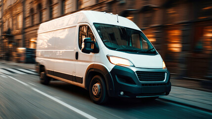 Fast-moving white delivery van navigating through a bustling cit