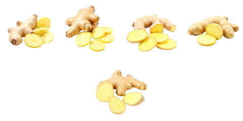 Fresh and sliced ginger root on transparent background displaying whole and cut pieces arranged for clear visibility and detail.