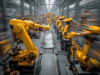 Factory floor timelapse composite of robots in motion