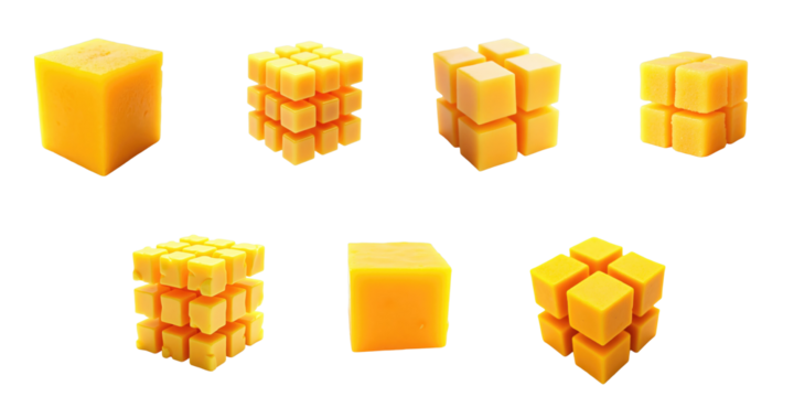 Falling yellow mango cubes isolated on transparent background arranged in various orientations demonstrating vibrant color and smooth texture with full depth of field