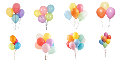 Colorful balloons in various arrangements completely isolated on a transparent background ideal for celebrations and party themes showcasing multiple colors and groupings