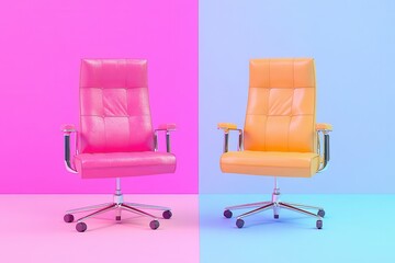 Fototapeta premium Two modern office chairs in vibrant colors, pink and orange, set against a split pastel background