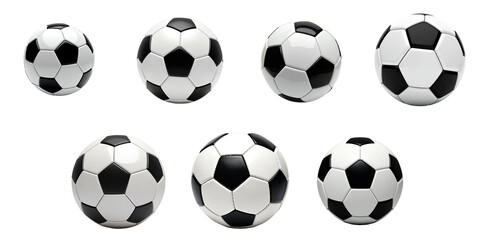 Set of eight realistic traditional soccer balls displayed from different angles on a transparent background highlighting their distinctive transparent and white pattern.