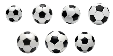 Set of eight realistic traditional soccer balls displayed from different angles on a transparent background highlighting their distinctive transparent and white pattern.