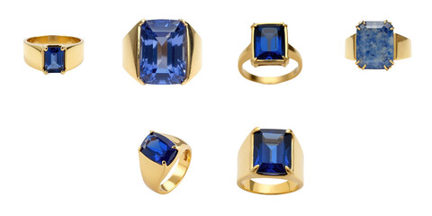 collection of six unique gold plated rings featuring blue rectangular faceted sapphires on a transparent background designed for feminine elegance and sophistication