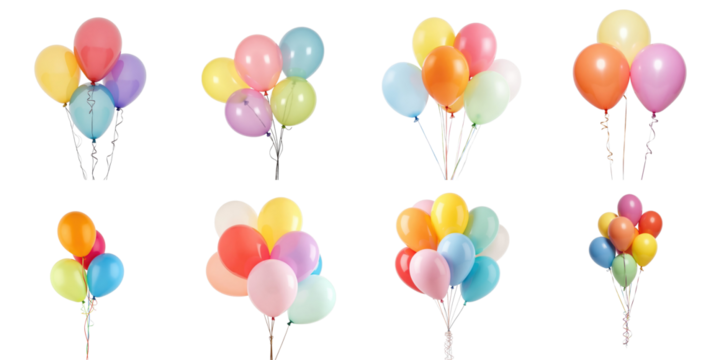 Colorful balloons in various arrangements completely isolated on a transparent background ideal for celebrations and party themes showcasing multiple colors and groupings