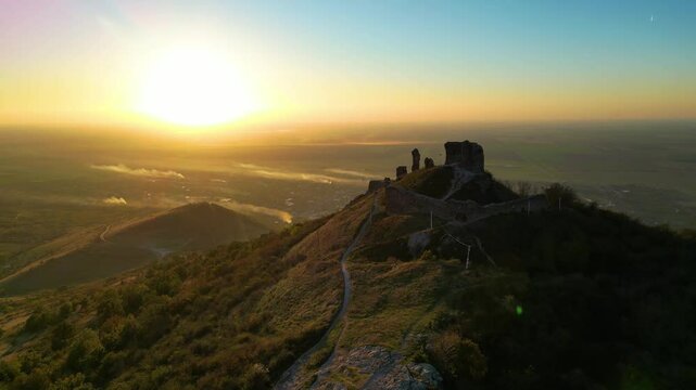 Siria Medieval Fortress, Arad county, Romania. Drone footage. 