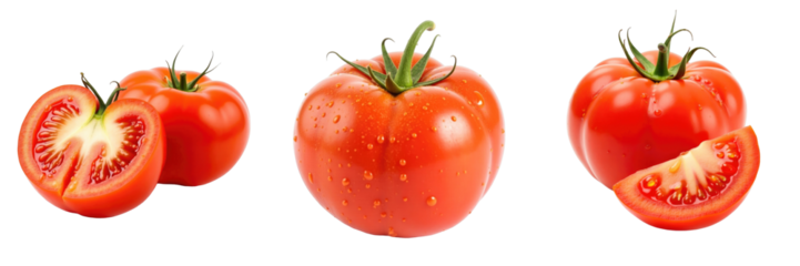 Fresh ripe tomatoes with water droplets, one cut in half showing interior texture, isolated on transparent background for clear visual emphasis and detail.