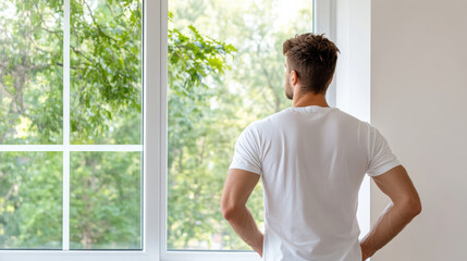 Man standing back slightly from window, lost in thought, gazing at greenery outside