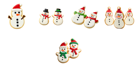 Christmas themed snowman cookies decorated with frosting, featuring various designs and colors, presented on a transparent background for easy integration into festive projects