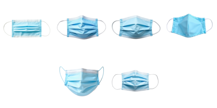 Multiple views of blue disposable fabric face masks arranged on a transparent background, emphasizing the texture and design, highlighting essential health protection against airborne infections.