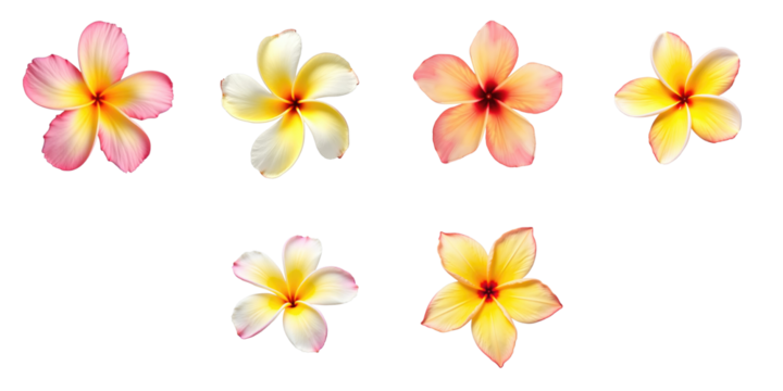 Variety of isolated frangipani flowers featuring different colors and shapes on a transparent background showcasing floral diversity and aesthetics